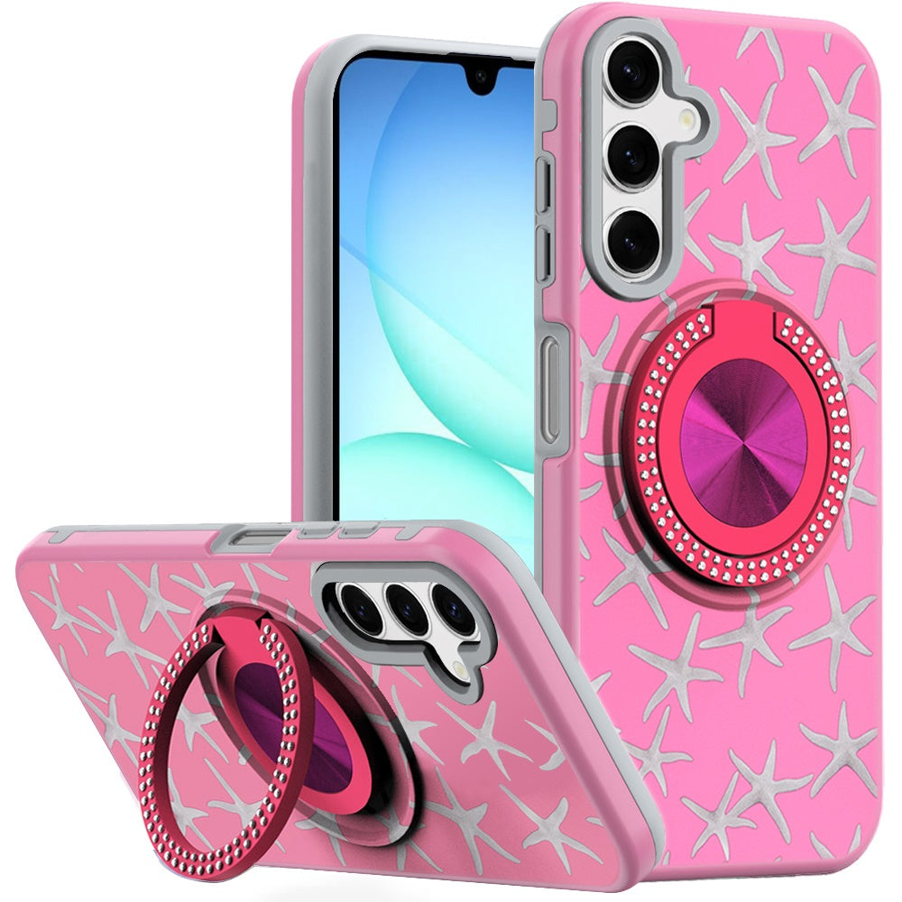 For Samsung A17 5G Case Printed Magnetic Bling Ring Stand Cover + Tempered Glass