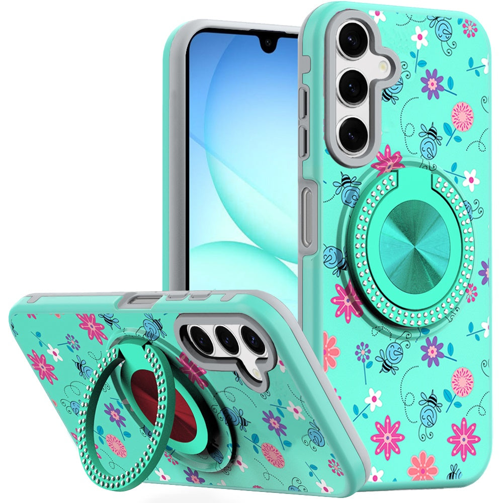 For Samsung A17 5G Case Printed Magnetic Bling Ring Stand Cover + Tempered Glass