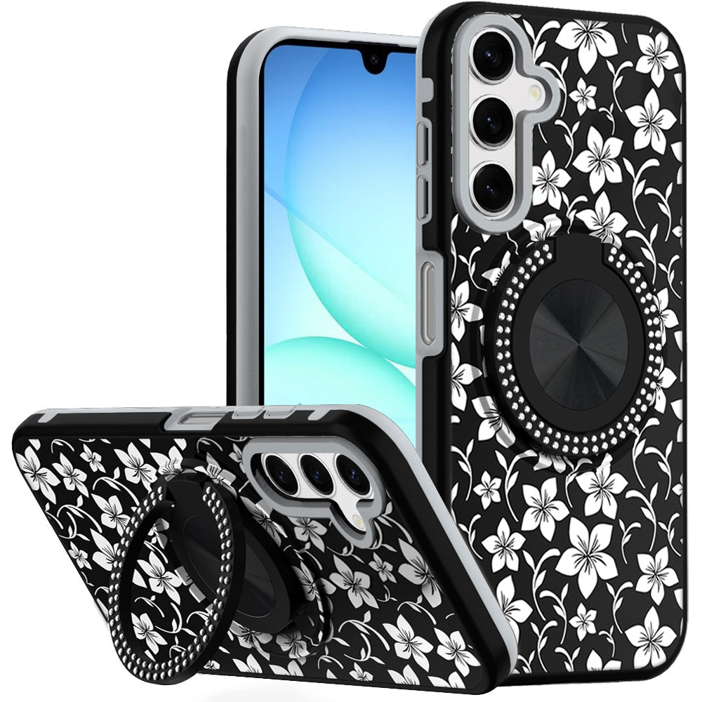 For Samsung A17 5G Case Printed Magnetic Bling Ring Stand Cover + Tempered Glass