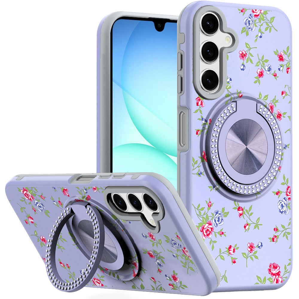 For Samsung A17 5G Case Printed Magnetic Bling Ring Stand Cover + Tempered Glass
