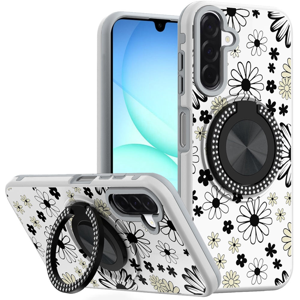 For Samsung A17 5G Case Printed Magnetic Bling Ring Stand Cover + Tempered Glass