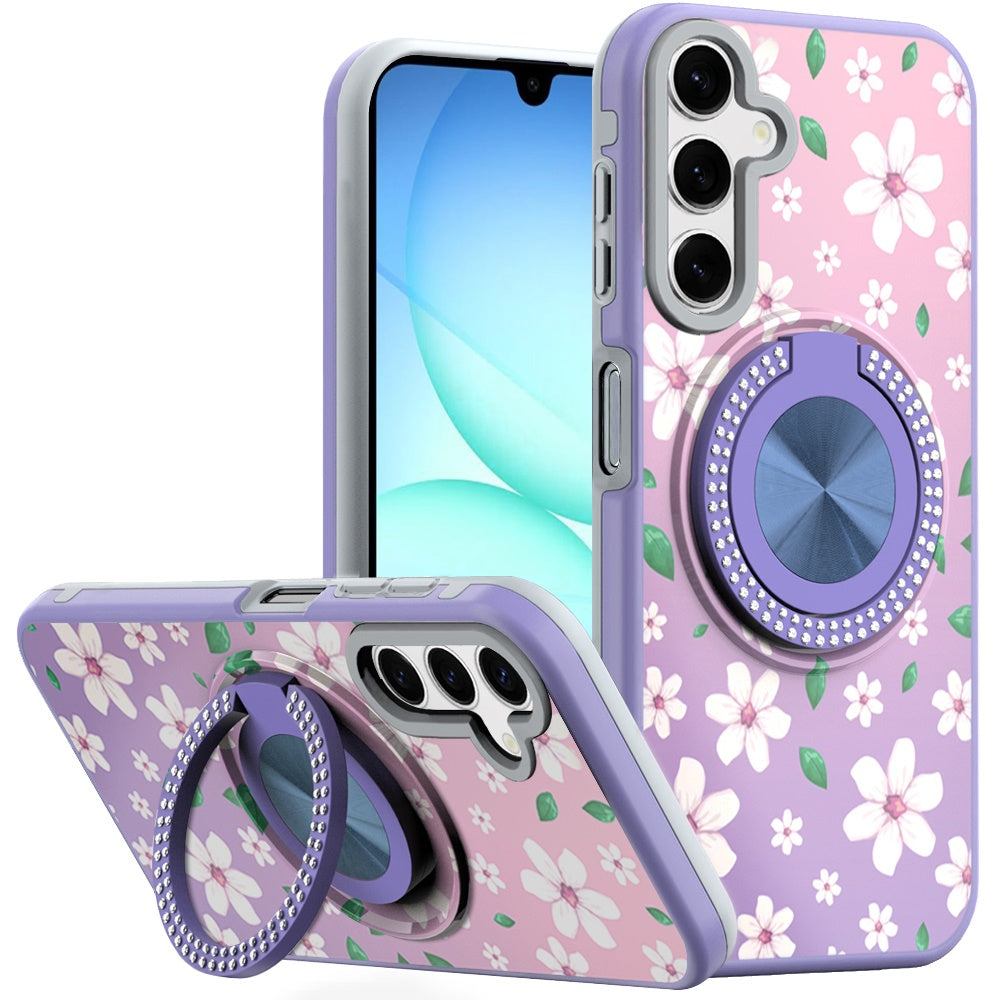 For Samsung A17 5G Case Printed Magnetic Bling Ring Stand Cover + Tempered Glass