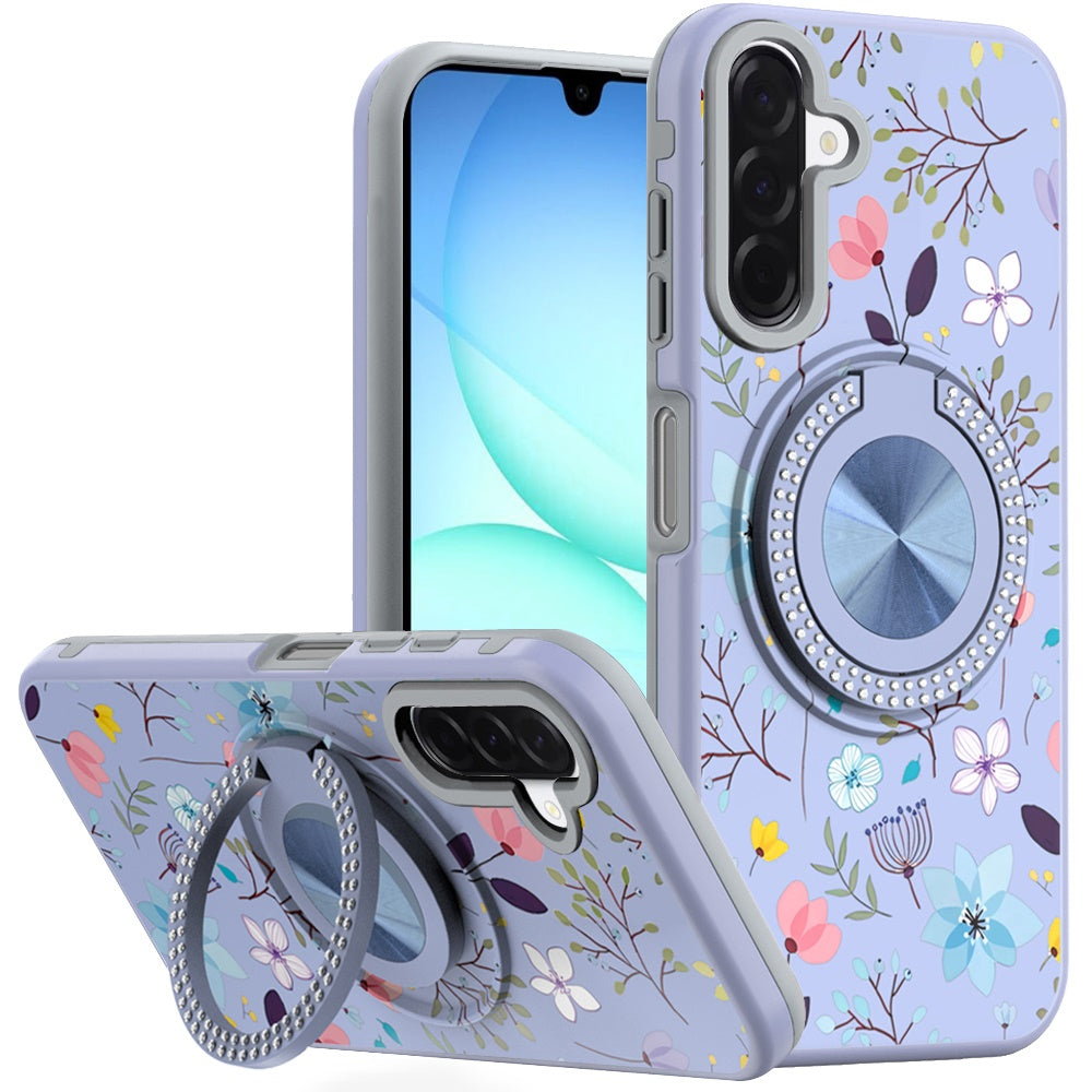 For Samsung A17 5G Case Printed Magnetic Bling Ring Stand Cover + Tempered Glass