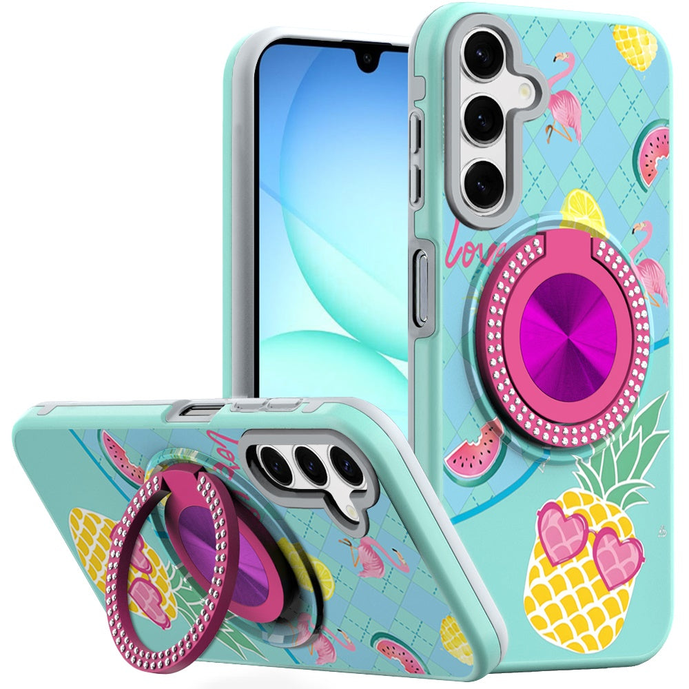 For Samsung A17 5G Case Printed Magnetic Bling Ring Stand Cover + Tempered Glass