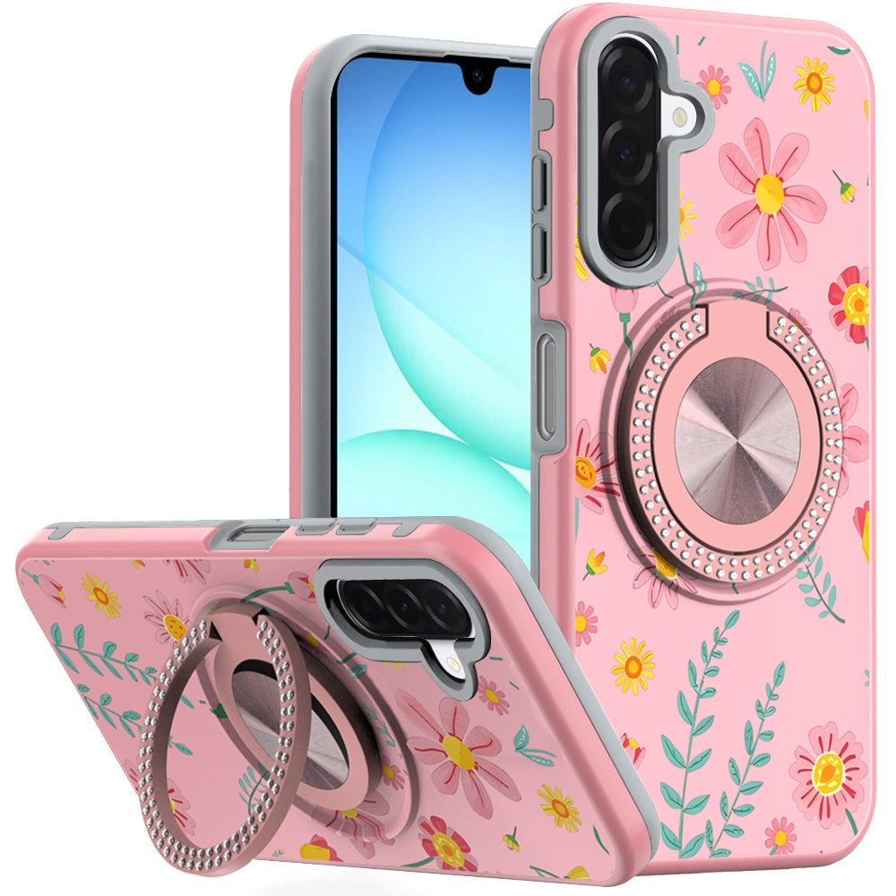 For Samsung A17 5G Case Printed Magnetic Bling Ring Stand Cover + Tempered Glass