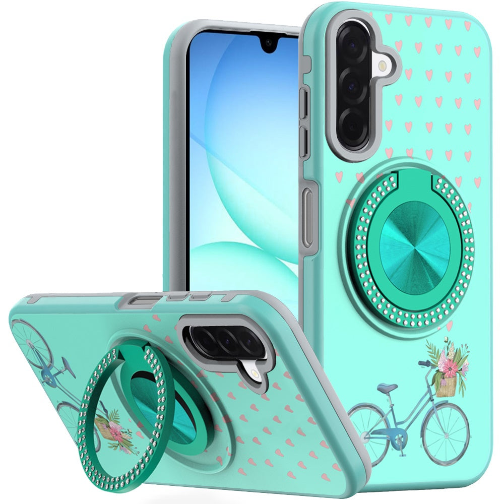 For Samsung A17 5G Case Printed Magnetic Bling Ring Stand Cover + Tempered Glass
