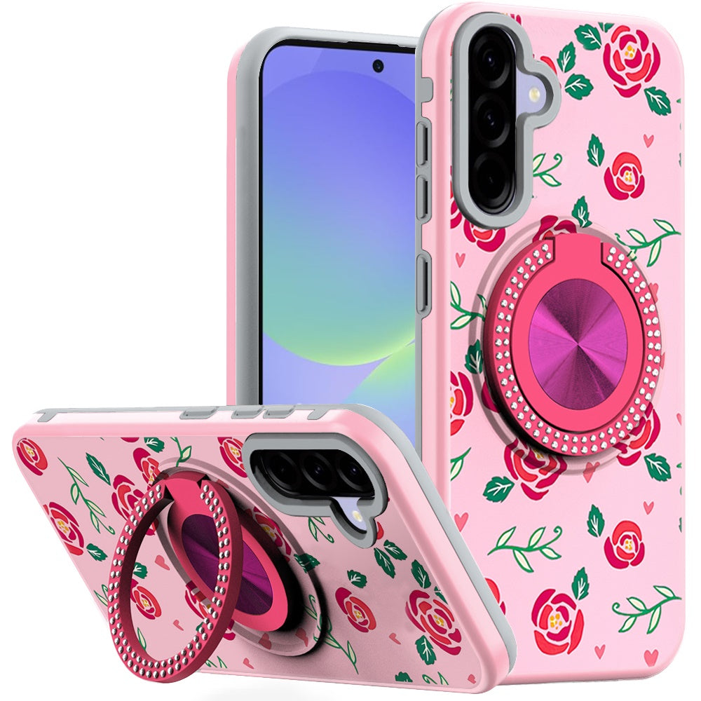 For Samsung A36 Case Printed Design Magnetic Bling Ring Stand + Tempered Glass