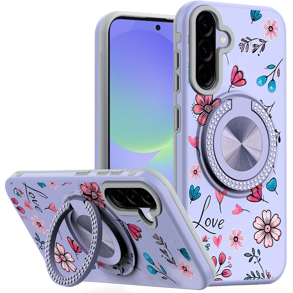 For Samsung A36 Case Printed Design Magnetic Bling Ring Stand + Tempered Glass