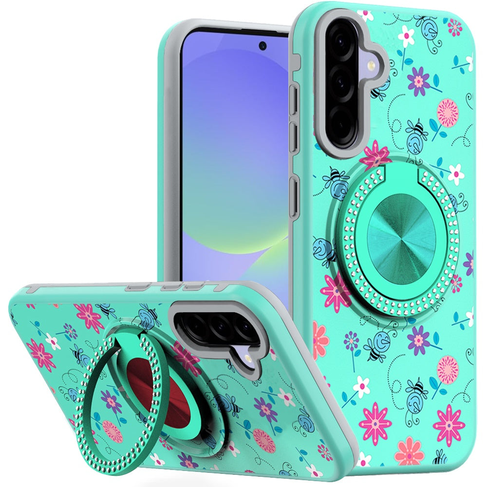 For Samsung A36 Case Printed Design Magnetic Bling Ring Stand + Tempered Glass