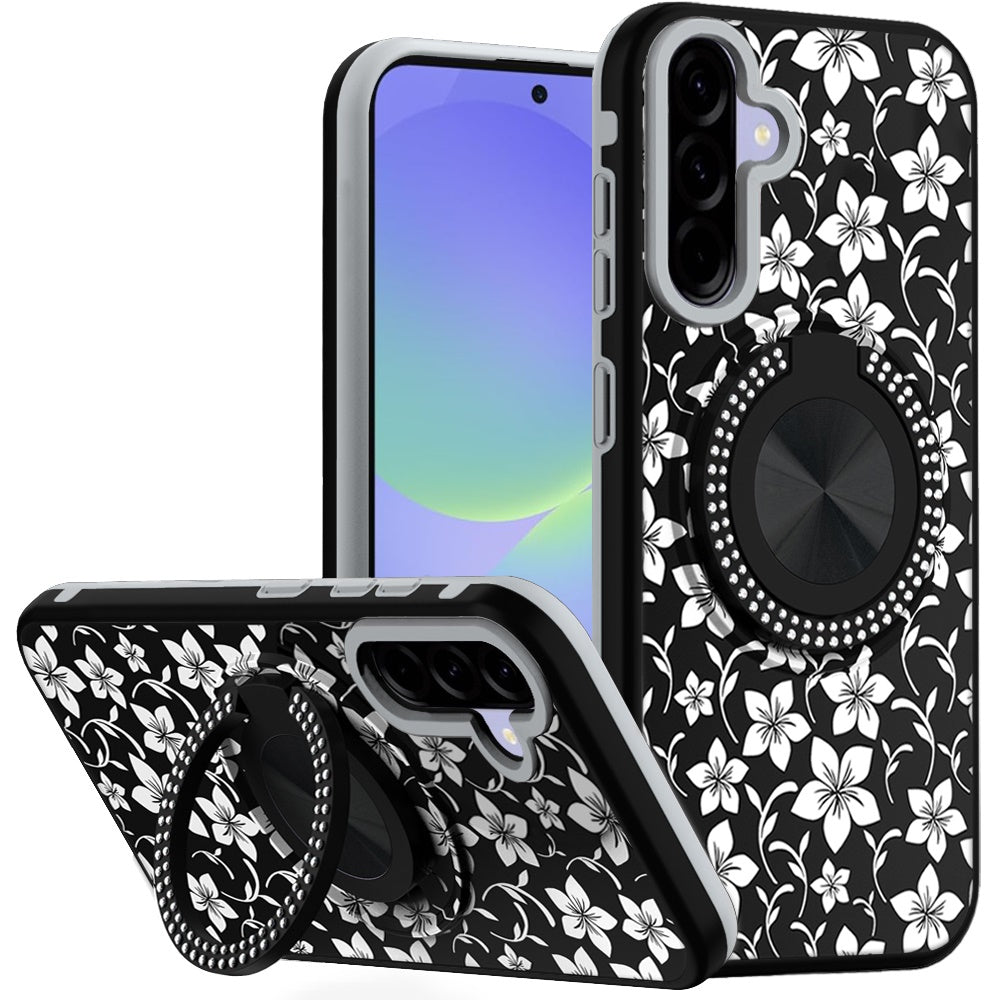 For Samsung A36 Case Printed Design Magnetic Bling Ring Stand + Tempered Glass