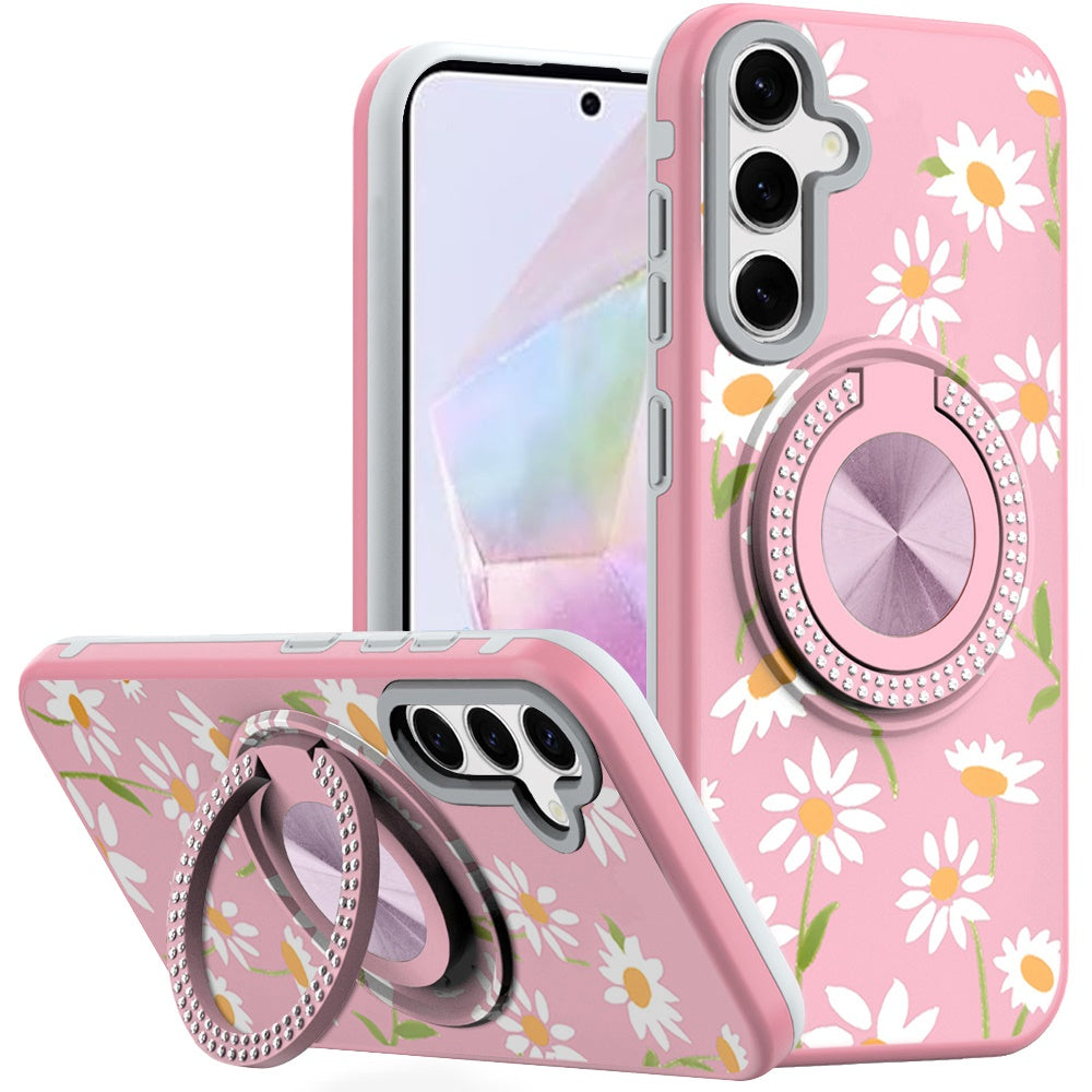 For Samsung A36 Case Printed Design Magnetic Bling Ring Stand + Tempered Glass