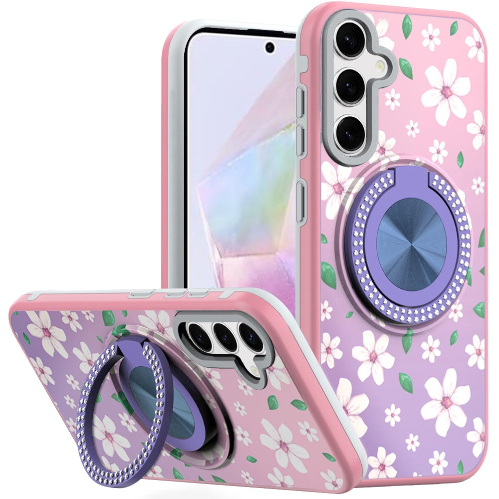 For Samsung A36 Case Printed Design Magnetic Bling Ring Stand + Tempered Glass