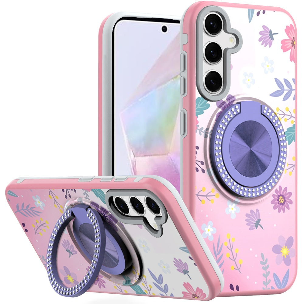 For Samsung A36 Case Printed Design Magnetic Bling Ring Stand + Tempered Glass