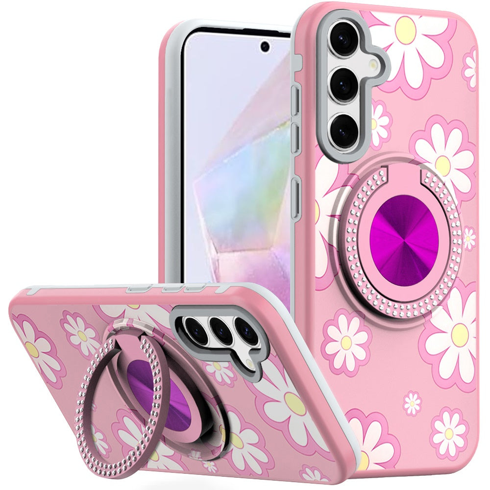 For Samsung A36 Case Printed Design Magnetic Bling Ring Stand + Tempered Glass