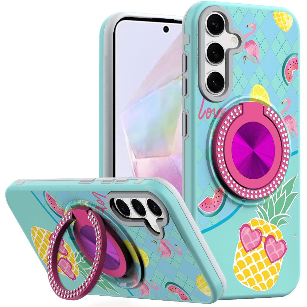 For Samsung A36 Case Printed Design Magnetic Bling Ring Stand + Tempered Glass