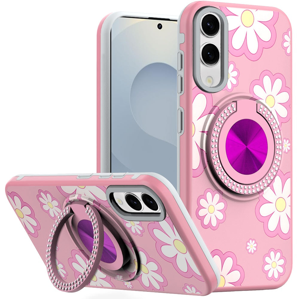 For Samsung S25 Edge Case Printed Magnetic Bling Ring Stand + Tempered Glass