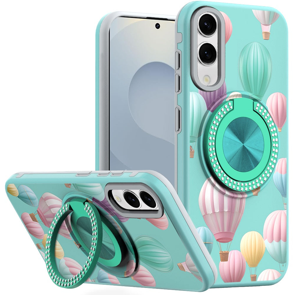 For Samsung S25 Edge Case Printed Magnetic Bling Ring Stand + Tempered Glass