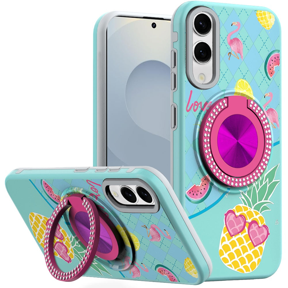For Samsung S25 Edge Case Printed Magnetic Bling Ring Stand + Tempered Glass