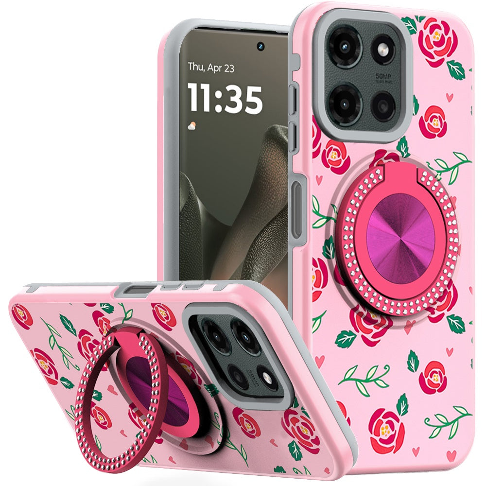 For Motorola Edge 2025 Case Printed Design Magnetic Bling Ring Stand Phone Cover