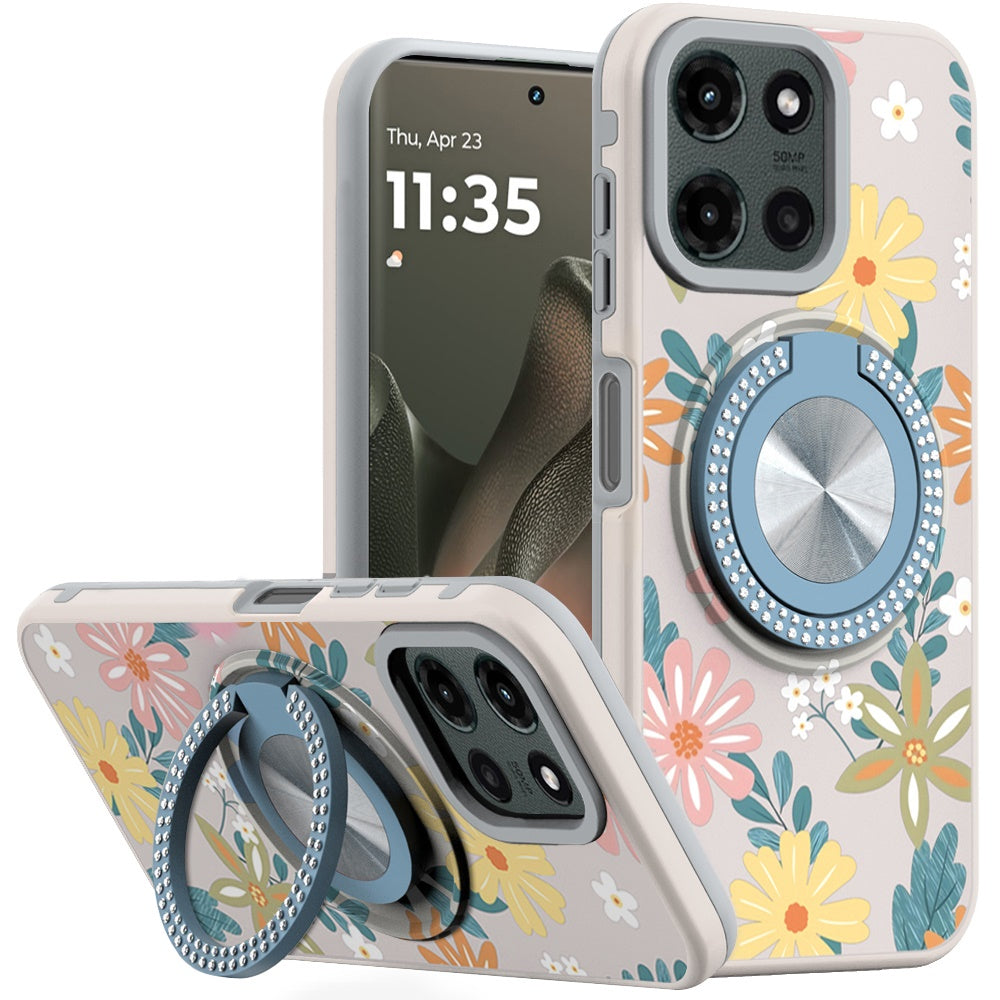 For Motorola Edge 2025 Case Printed Design Magnetic Bling Ring Stand Phone Cover