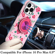 For iPhone 16 PRO MAX Case Printed Magnetic Bling Ring Stand + Tempered Glass