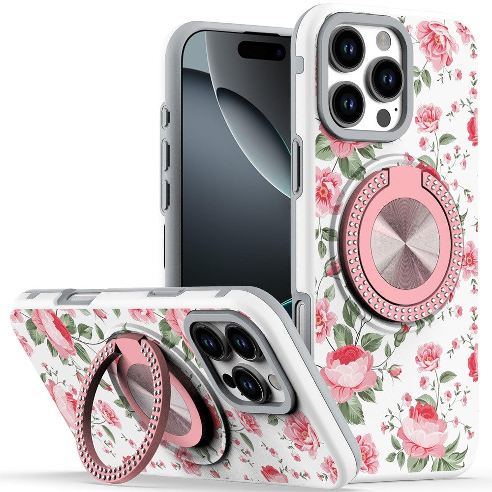 For iPhone 16 PRO MAX Case Printed Magnetic Bling Ring Stand + Tempered Glass