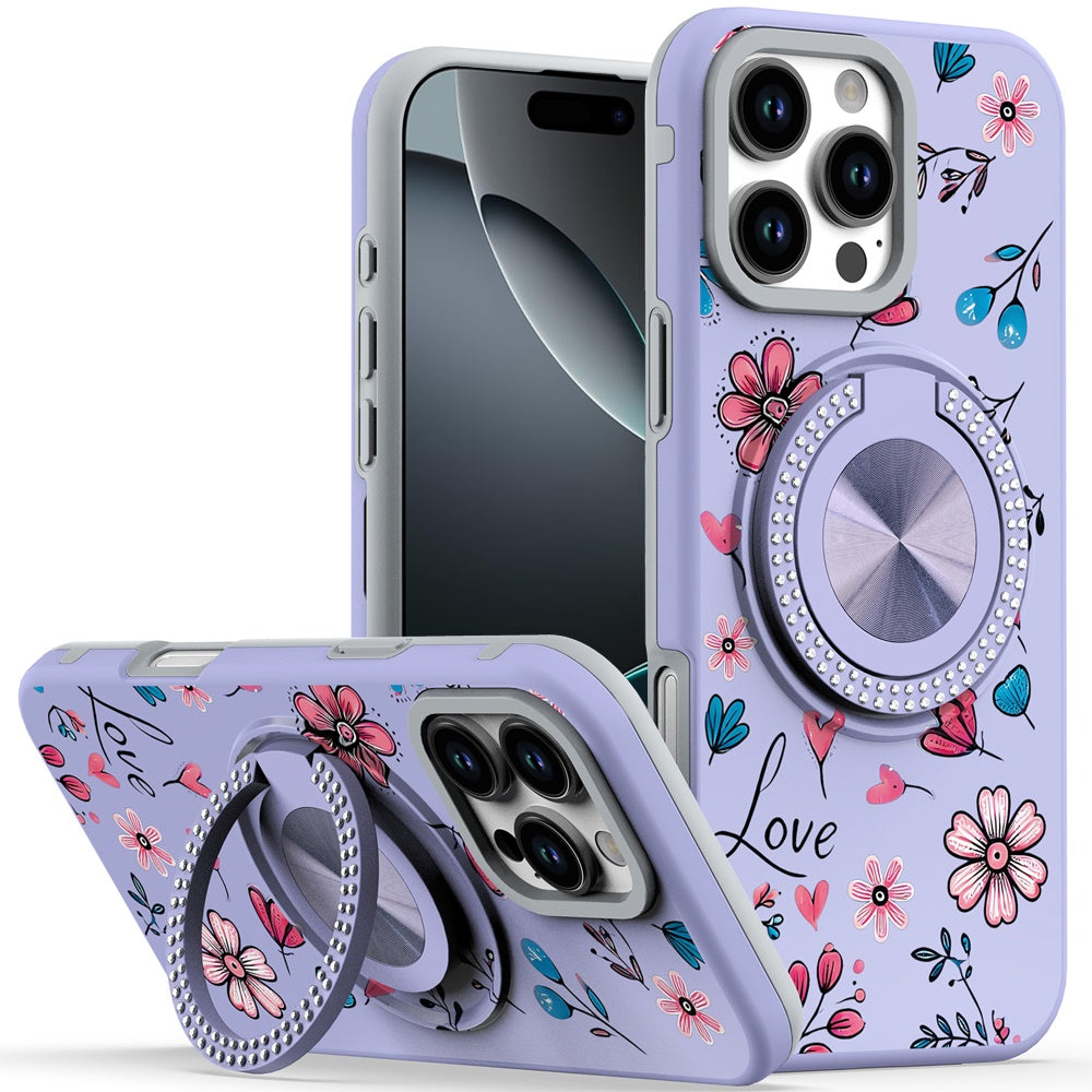 For iPhone 16 PRO MAX Case Printed Magnetic Bling Ring Stand + Tempered Glass