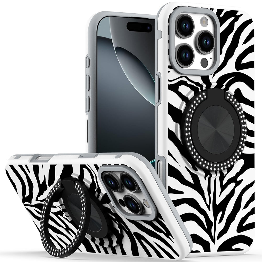 For iPhone 16 PRO MAX Case Printed Magnetic Bling Ring Stand + Tempered Glass