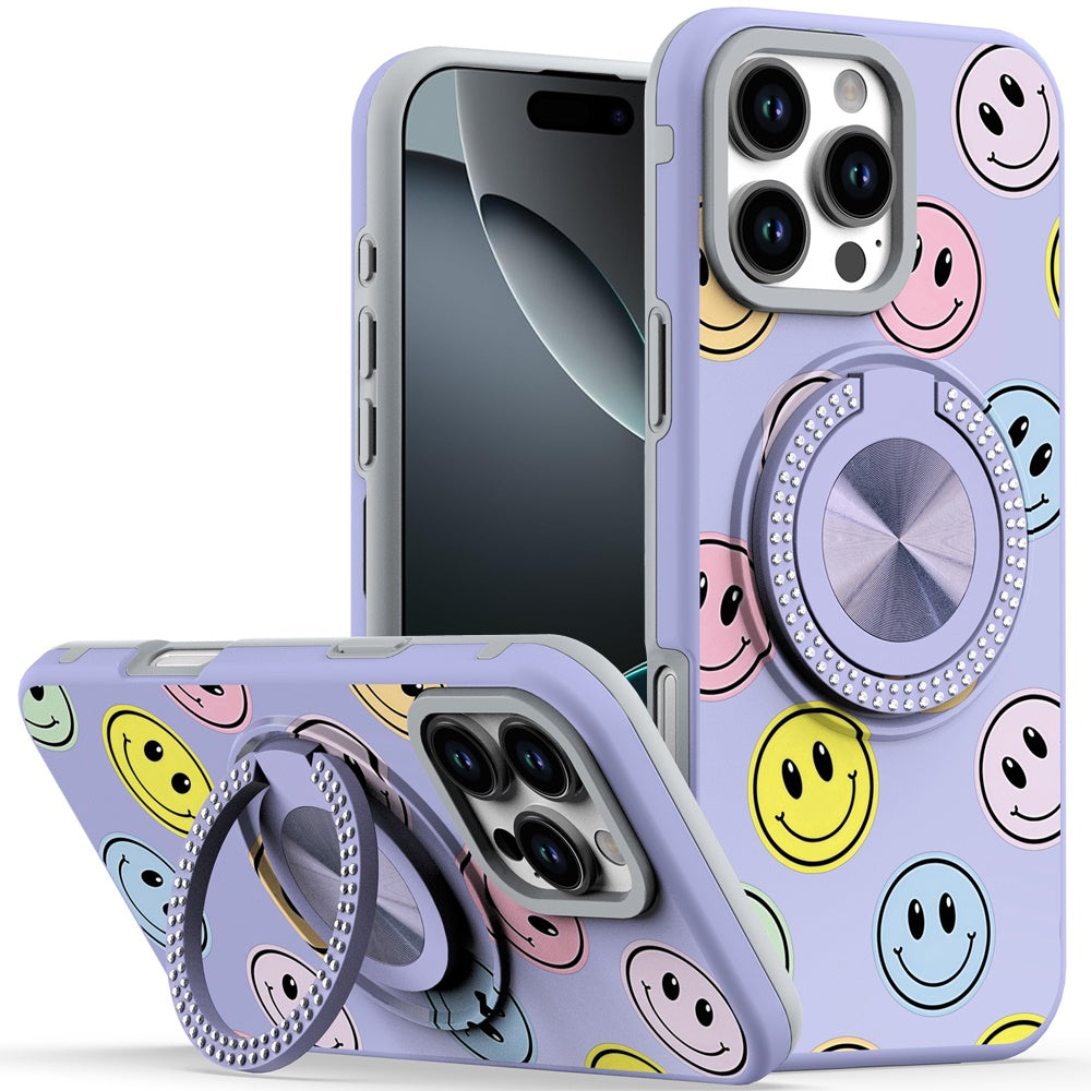 For iPhone 16 PRO MAX Case Printed Magnetic Bling Ring Stand + Tempered Glass
