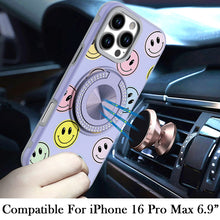 For iPhone 16 PRO MAX Case Printed Magnetic Bling Ring Stand + Tempered Glass