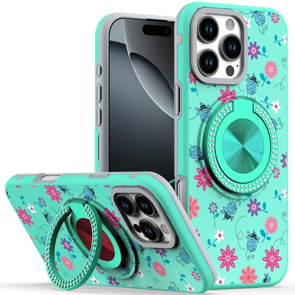 For iPhone 16 PRO MAX Case Printed Magnetic Bling Ring Stand + Tempered Glass