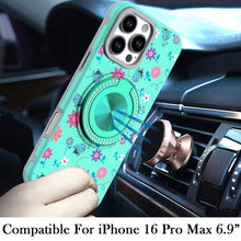 For iPhone 16 PRO MAX Case Printed Magnetic Bling Ring Stand + Tempered Glass