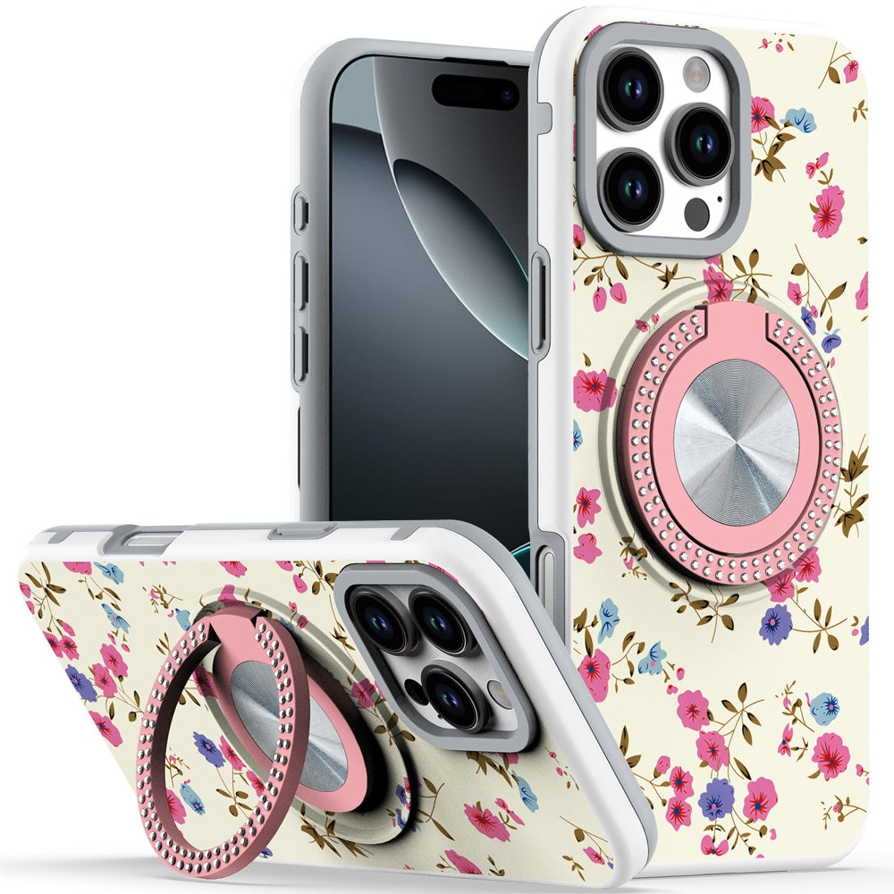 For iPhone 16 PRO MAX Case Printed Magnetic Bling Ring Stand + Tempered Glass