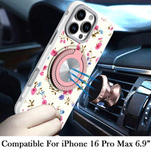 For iPhone 16 PRO MAX Case Printed Magnetic Bling Ring Stand + Tempered Glass