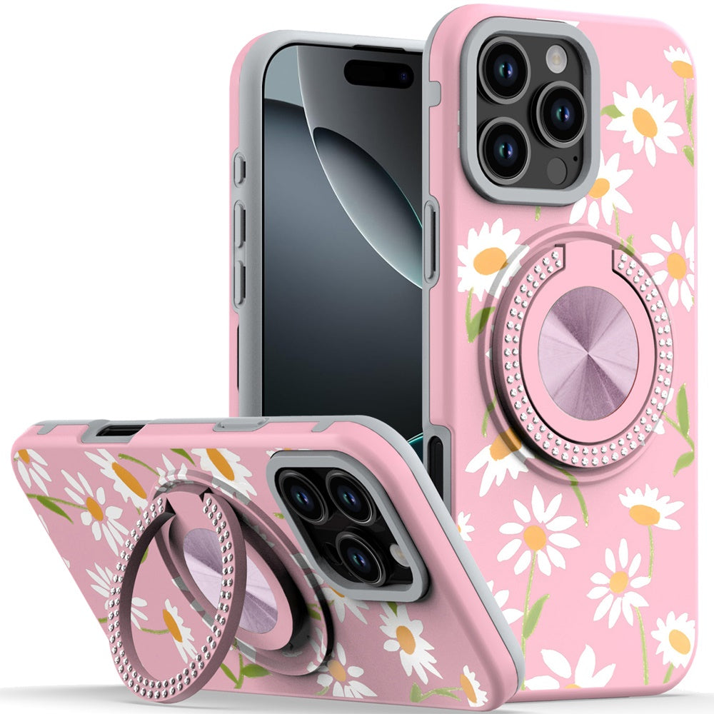 For iPhone 16 PRO MAX Case Printed Magnetic Bling Ring Stand + Tempered Glass