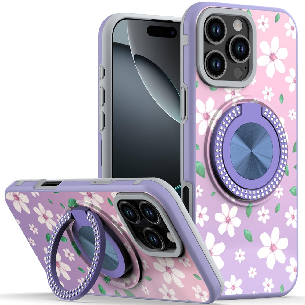 For iPhone 16 PRO MAX Case Printed Magnetic Bling Ring Stand + Tempered Glass