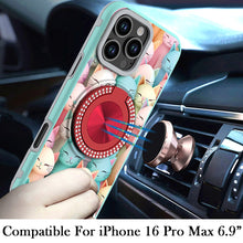 For iPhone 16 PRO MAX Case Printed Magnetic Bling Ring Stand + Tempered Glass