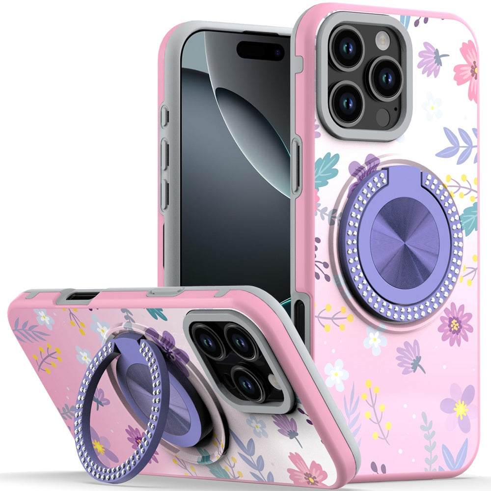 For iPhone 16 PRO MAX Case Printed Magnetic Bling Ring Stand + Tempered Glass
