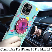 For iPhone 16 PRO MAX Case Printed Magnetic Bling Ring Stand + Tempered Glass