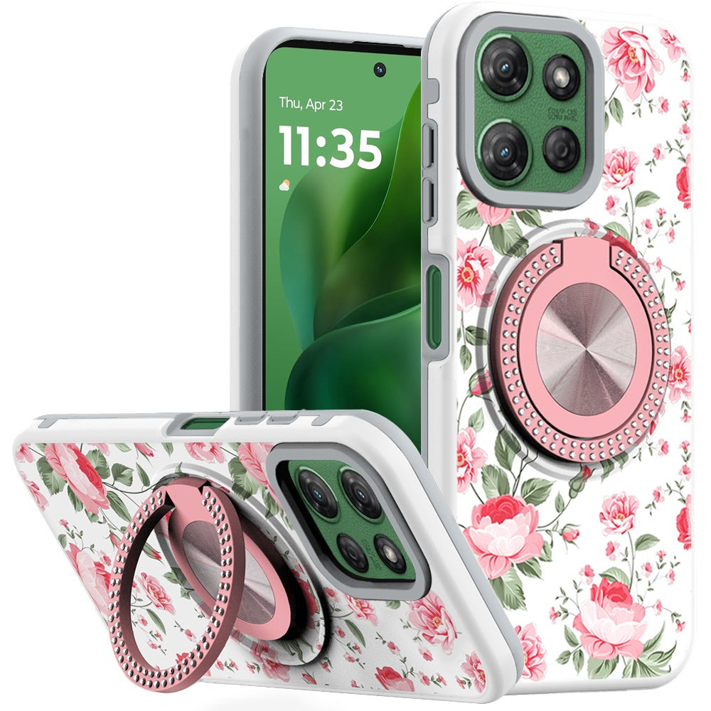 For Moto G Power 2025 Case Printed Magnetic Bling Ring Stand + Tempered Glass