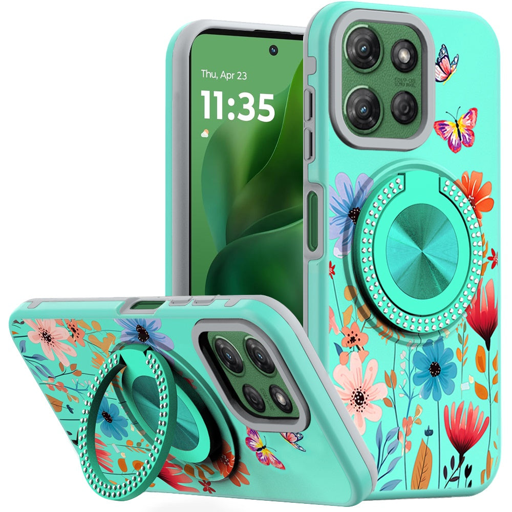 For Moto G Power 2025 Case Printed Magnetic Bling Ring Stand + Tempered Glass