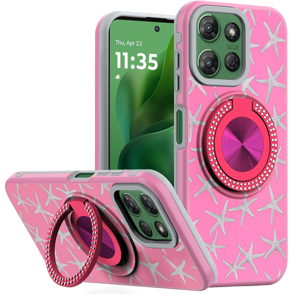 For Moto G Power 2025 Case Printed Magnetic Bling Ring Stand + Tempered Glass