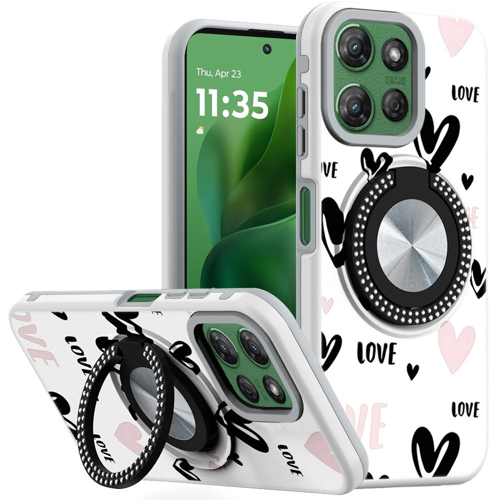 For Moto G Power 2025 Case Printed Magnetic Bling Ring Stand + Tempered Glass