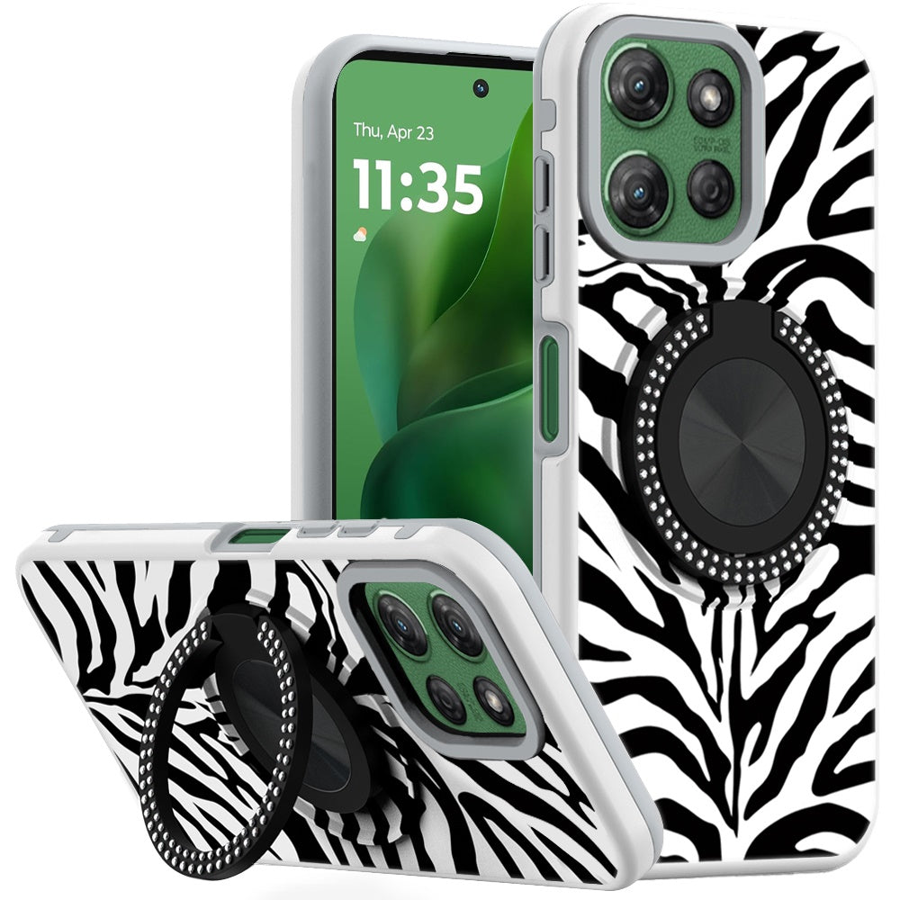 For Moto G Power 2025 Case Printed Magnetic Bling Ring Stand + Tempered Glass