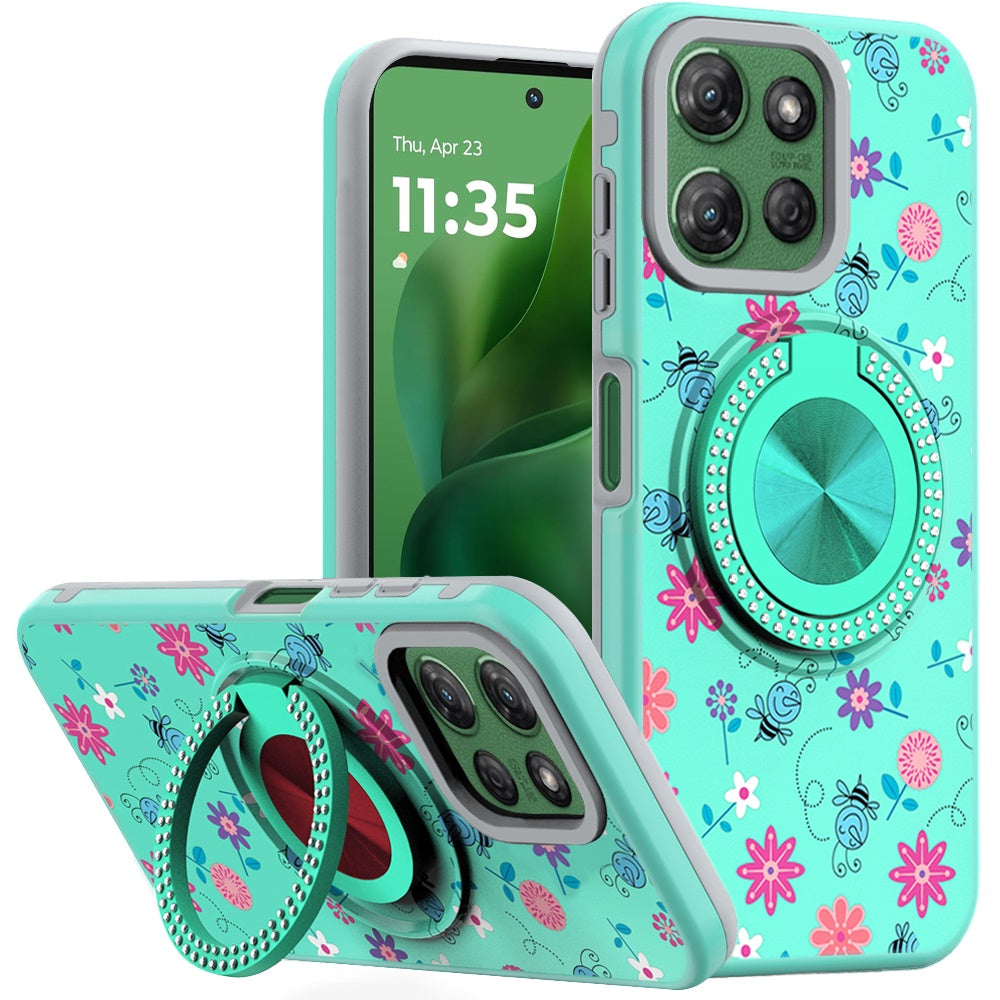 For Moto G Power 2025 Case Printed Magnetic Bling Ring Stand + Tempered Glass