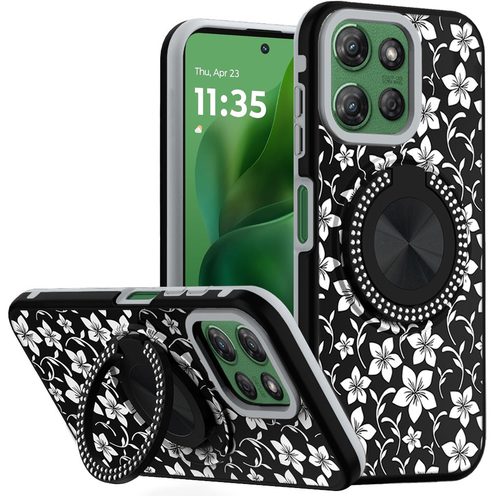 For Moto G Power 2025 Case Printed Magnetic Bling Ring Stand + Tempered Glass