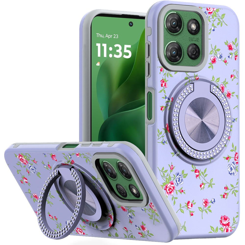 For Moto G Power 2025 Case Printed Magnetic Bling Ring Stand + Tempered Glass