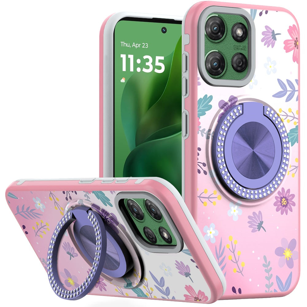 For Moto G Power 2025 Case Printed Magnetic Bling Ring Stand + Tempered Glass