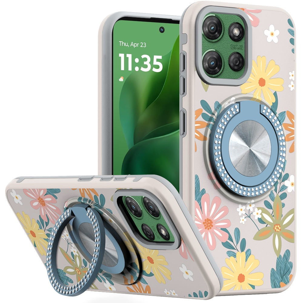 For Moto G Power 2025 Case Printed Magnetic Bling Ring Stand + Tempered Glass