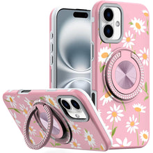 For iPhone 16 Plus 6.7in Case Printed Magnetic Bling Ring Stand + Tempered Glass
